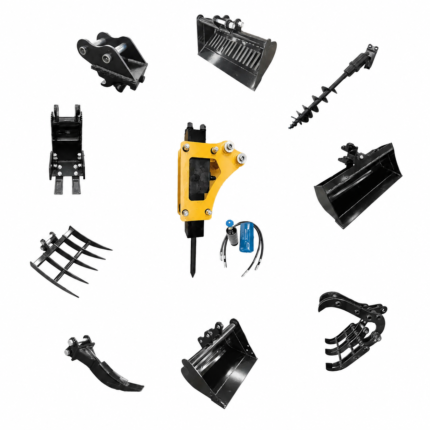10-in-1 Mini Excavator Attachment Bundle Combo Kit for Worksite Digging, Grading & Utility Jobs